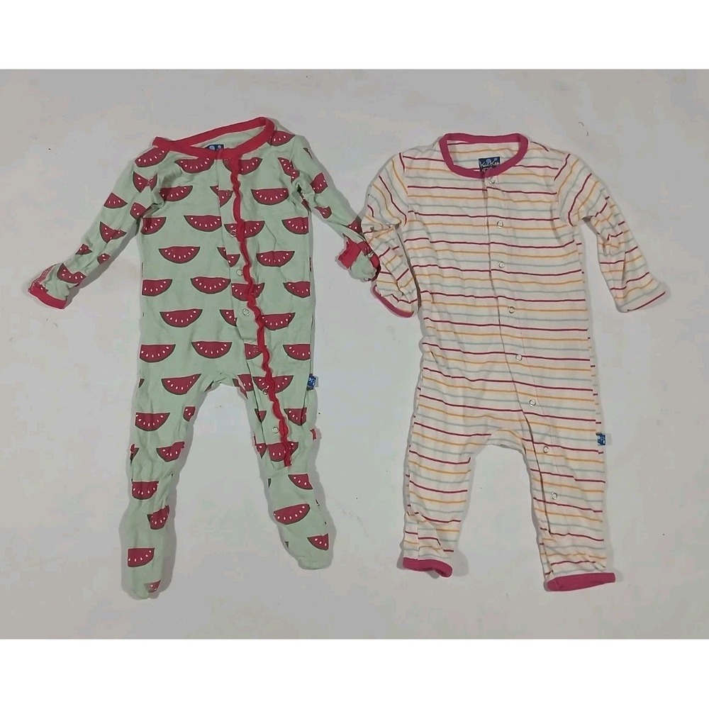 Lot of 3 KicKee Pants Sleepers Size 3-6 Months Bamboo Stripes Watermelon Snaps